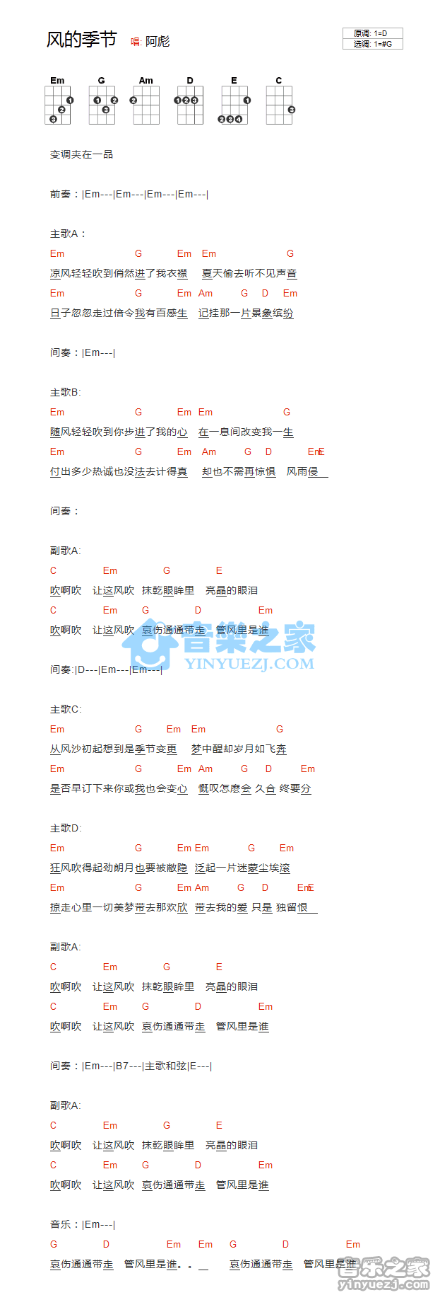 徐小凤《风的季节》尤克里里弹唱谱