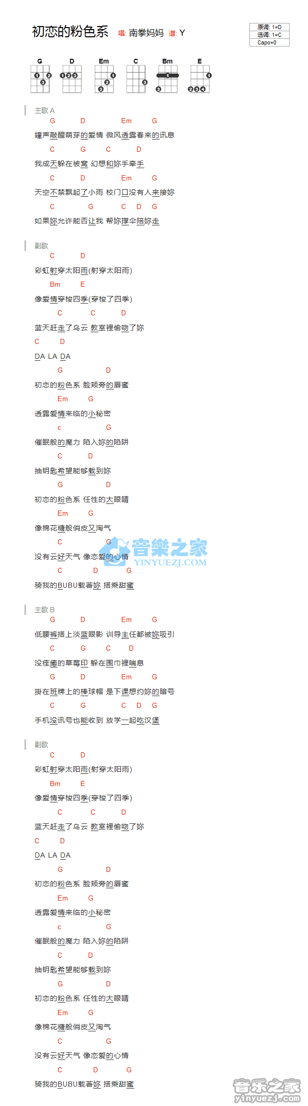 南拳妈妈《初恋的粉色系》尤克里里弹唱谱