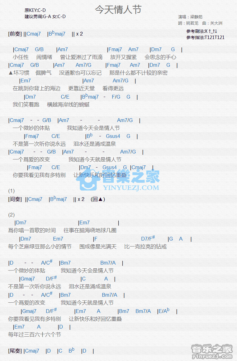 梁静茹《今天情人节》尤克里里弹唱谱