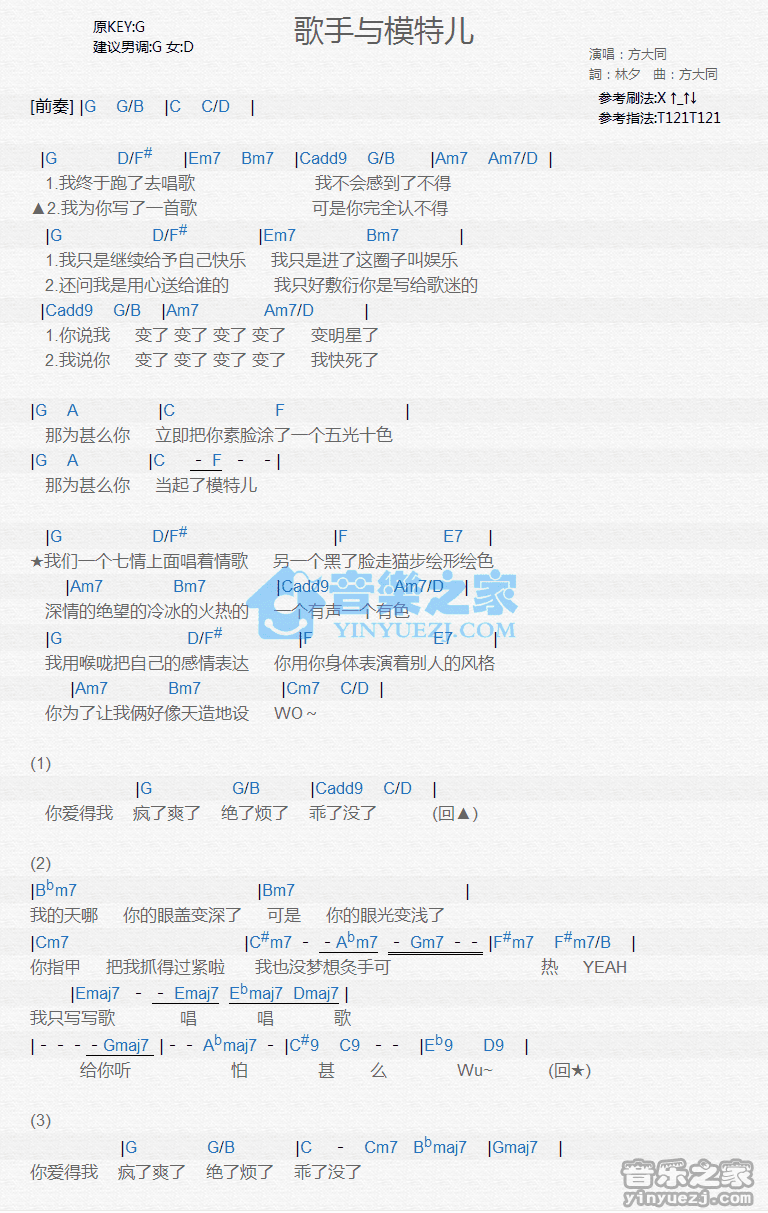 方大同《歌手与模特儿》尤克里里弹唱谱