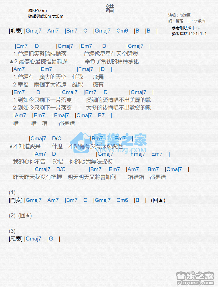 范逸臣《错》尤克里里弹唱谱