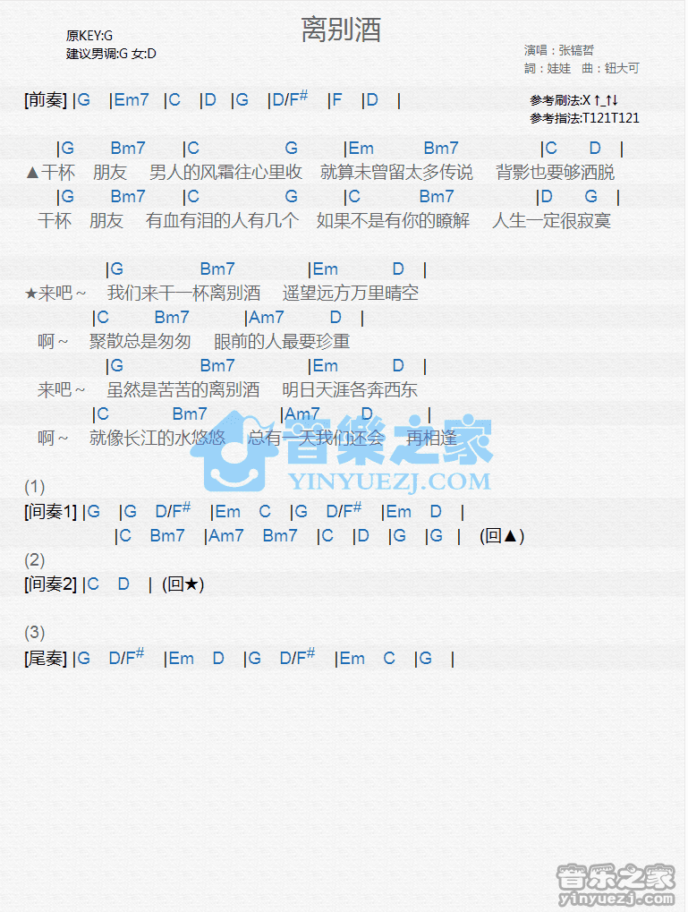 张稿哲《离别酒》尤克里里弹唱谱