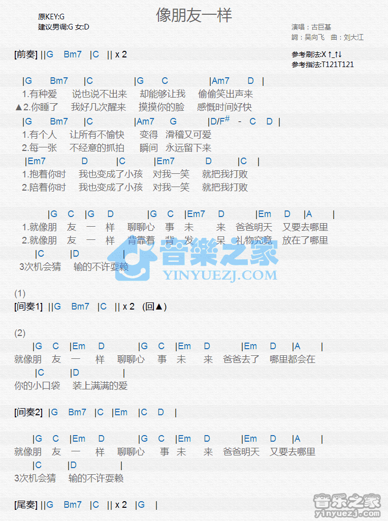 古巨基《像朋友一样》尤克里里弹唱谱