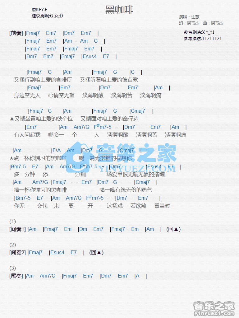 江蕙《黑咖啡》尤克里里弹唱谱