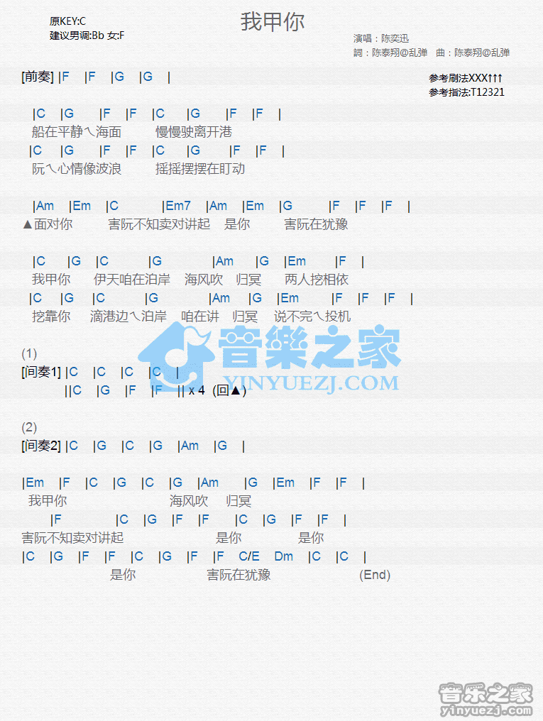 陈奕迅《我甲你》尤克里里弹唱谱