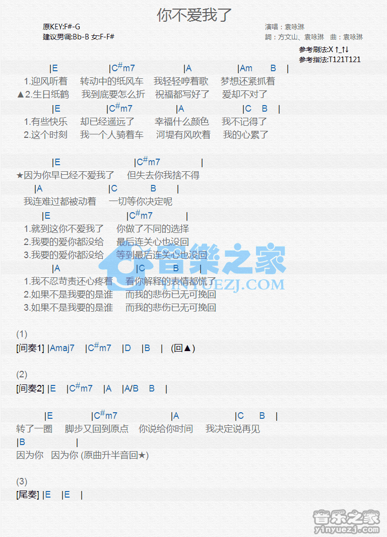 袁咏琳《你不爱我了》尤克里里弹唱谱