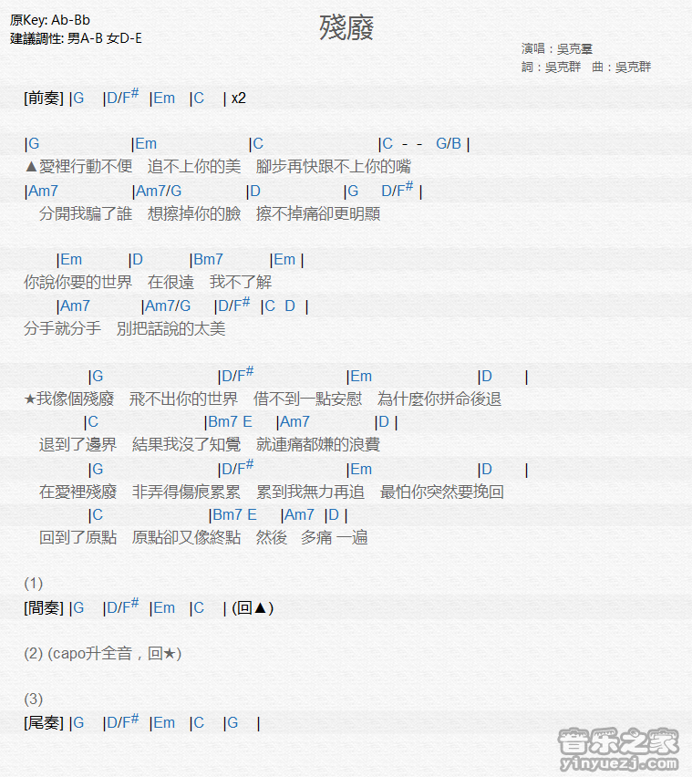 吴克羣《残废》尤克里里弹唱谱