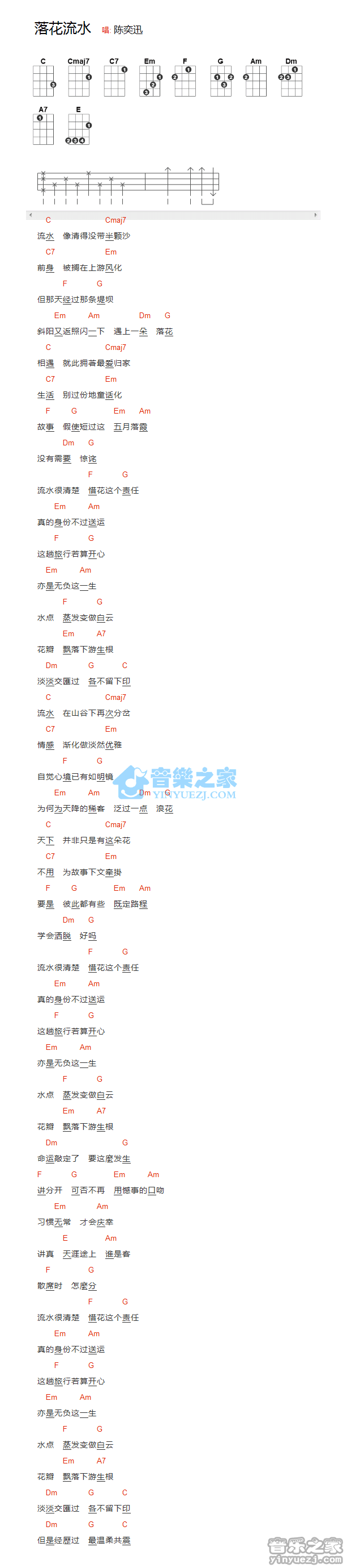 陈奕迅《落花流水》尤克里里弹唱谱