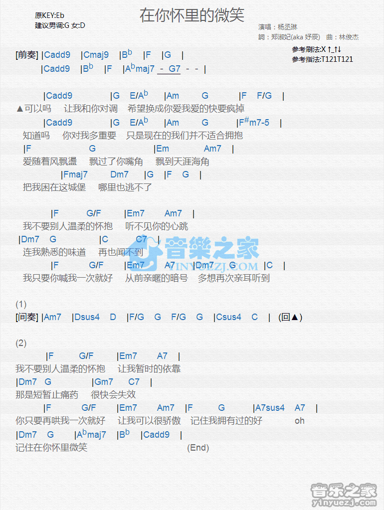 杨丞琳《在你怀里的微笑》尤克里里弹唱谱