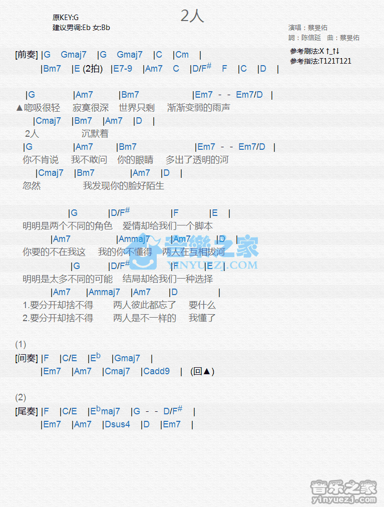 蔡旻佑《2人》尤克里里弹唱谱
