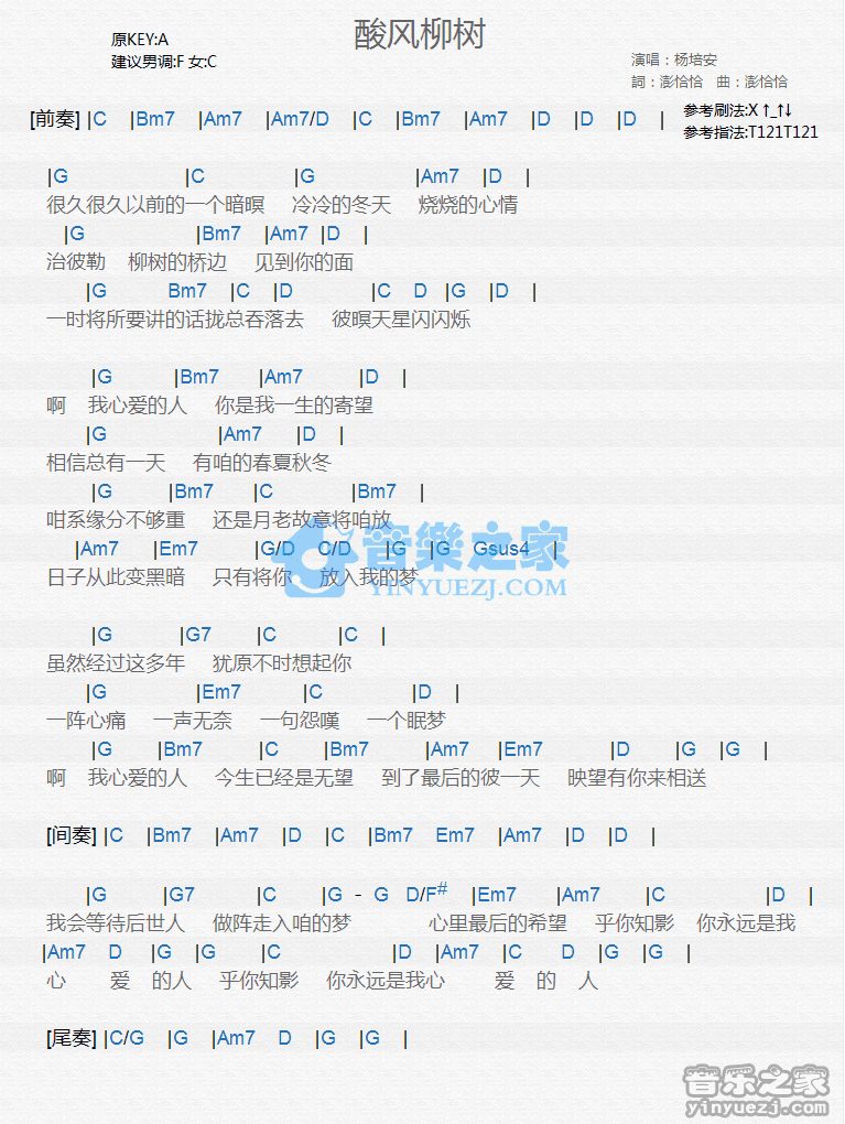 杨培安《酸风柳树》尤克里里弹唱谱