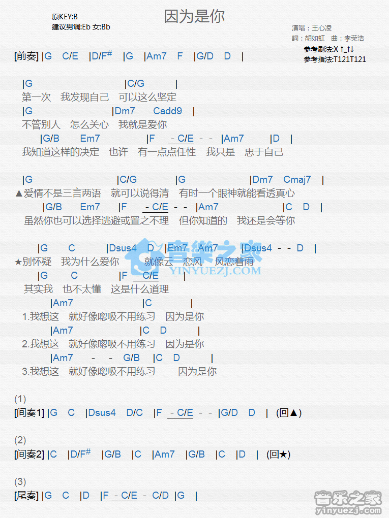 王心凌《因为是你》尤克里里弹唱谱