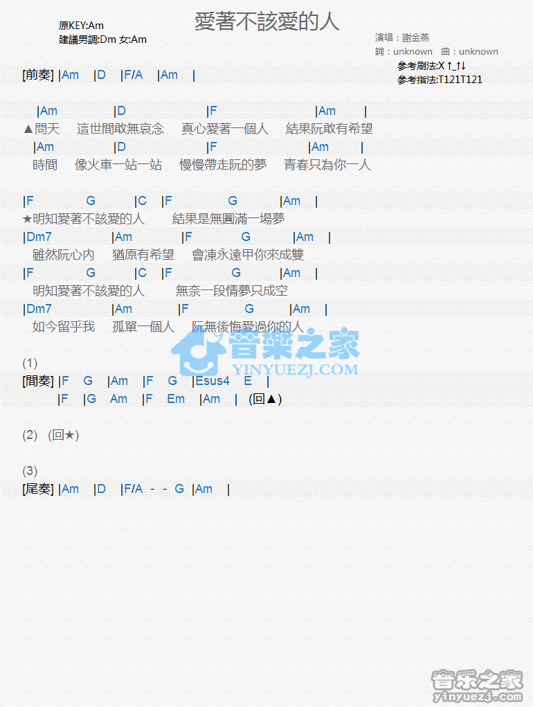 谢金燕《爱着不该爱的人》尤克里里谱