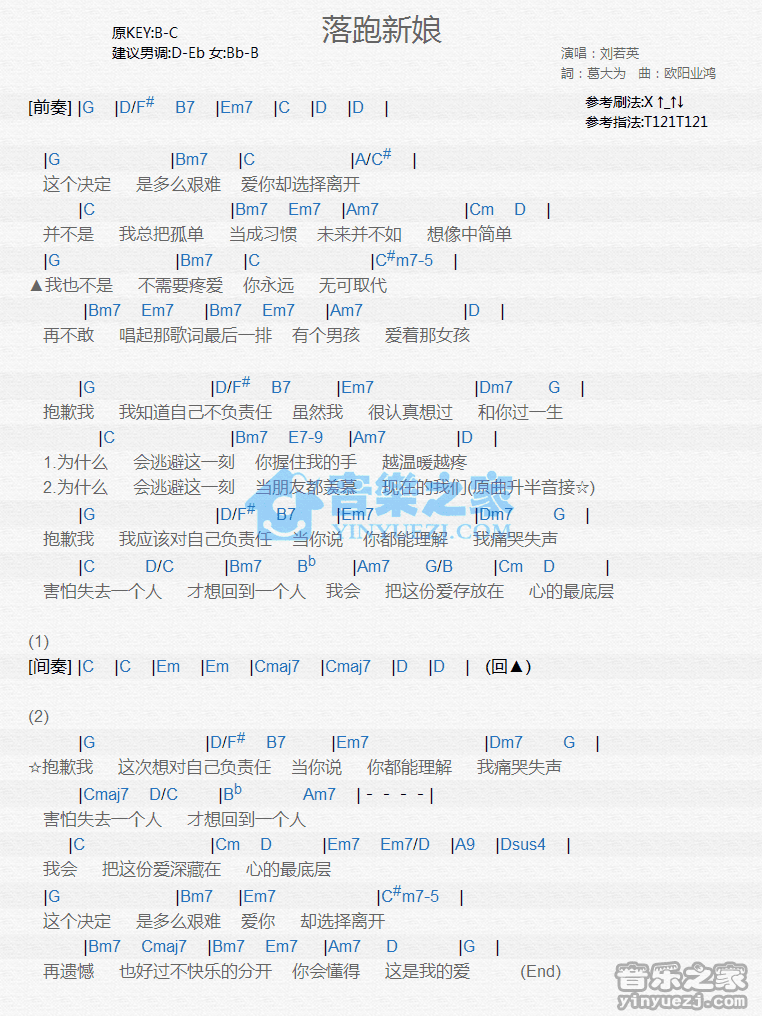 刘若英《落跑新娘》尤克里里弹唱谱