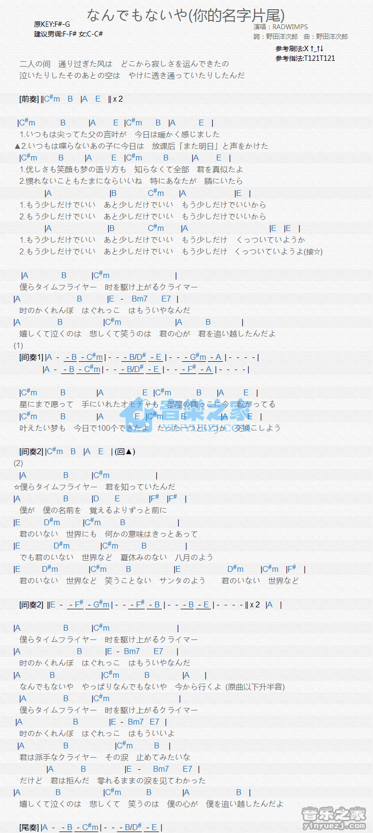你的名字片尾曲《なんでもないや》尤克里里弹唱谱