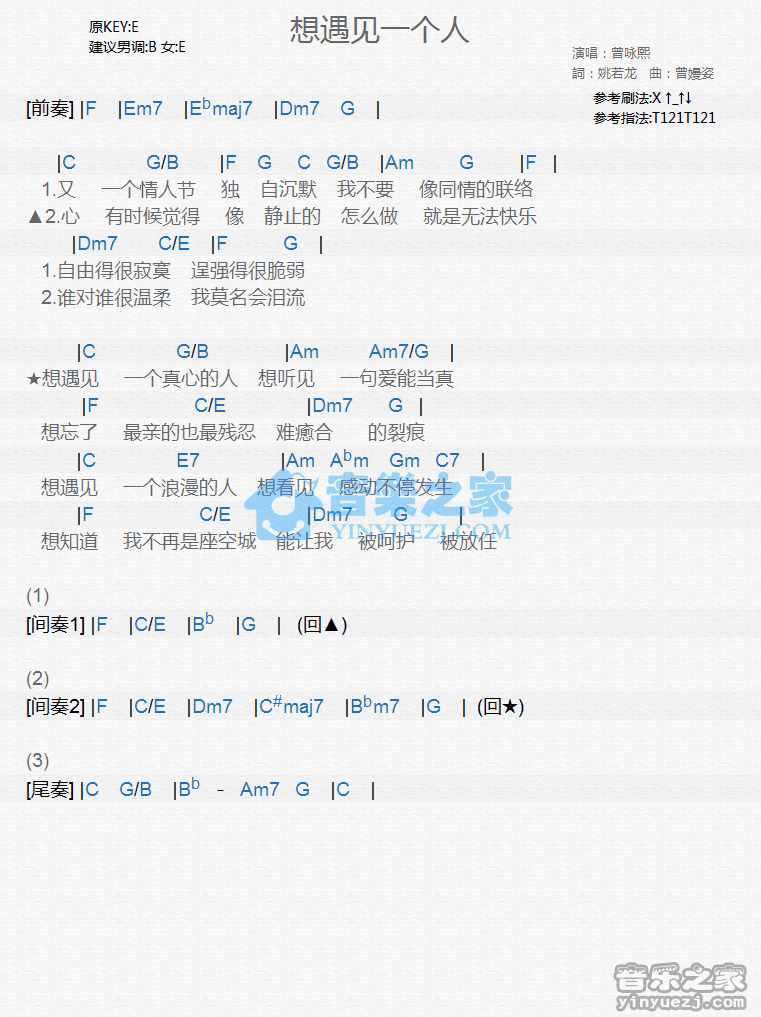 曾咏熙《想遇见一个人》尤克里里弹唱谱