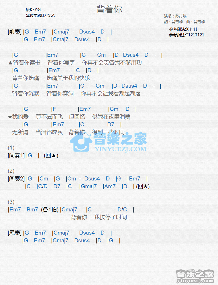 苏打绿《背着你》尤克里里弹唱谱