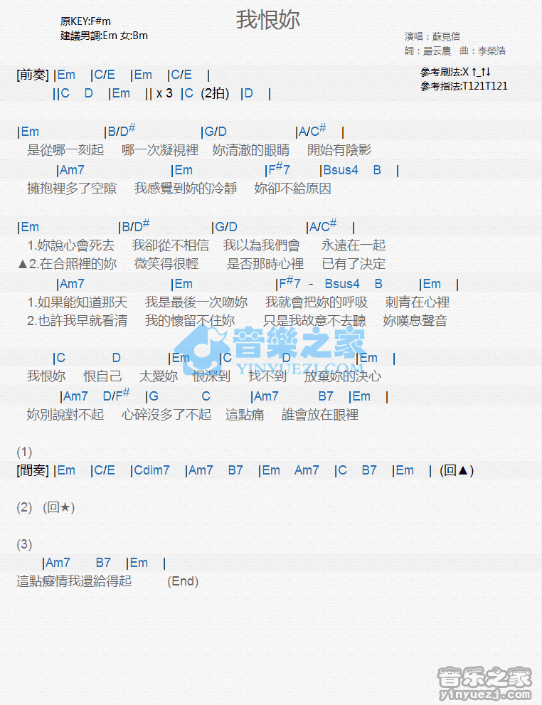 苏见信《我恨你》尤克里里弹唱谱