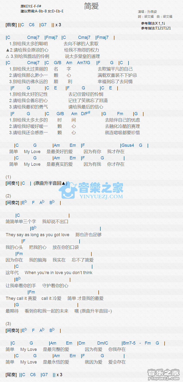 孙燕姿《简爱》尤克里里弹唱谱
