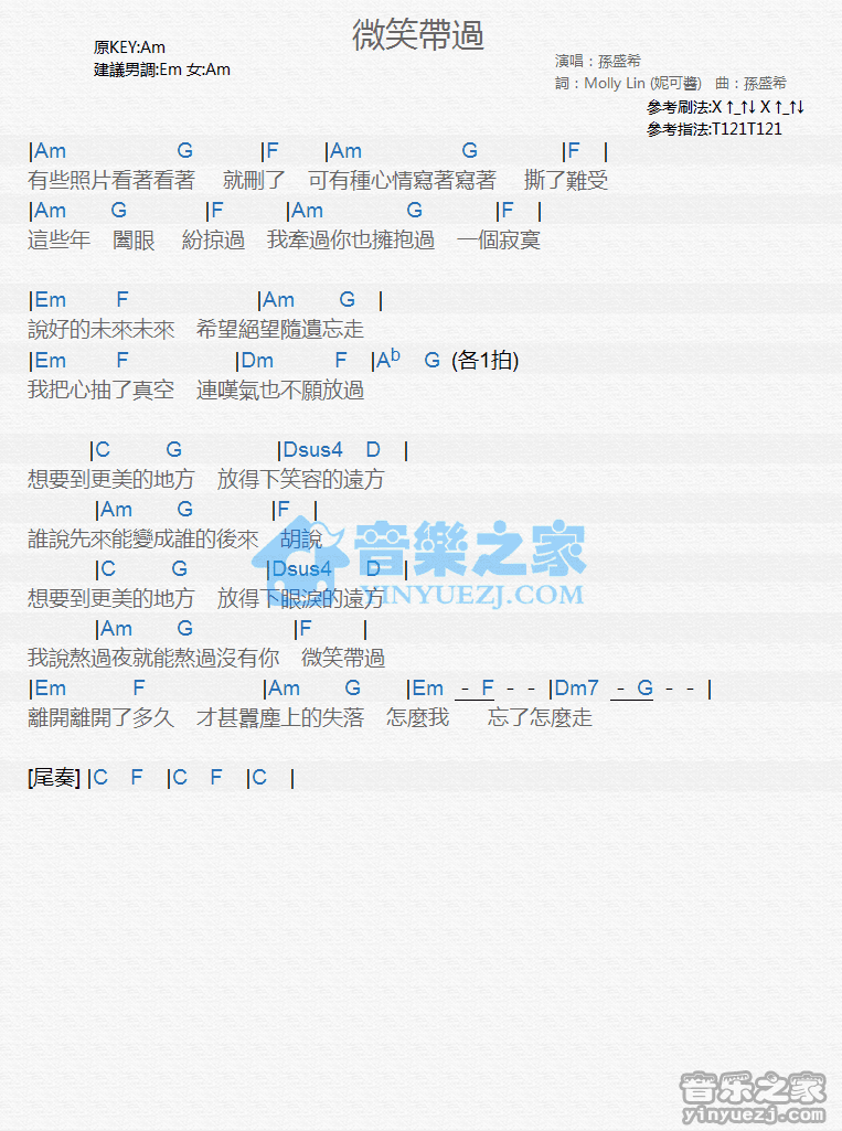 孙盛希《微笑带过》尤克里里弹唱谱