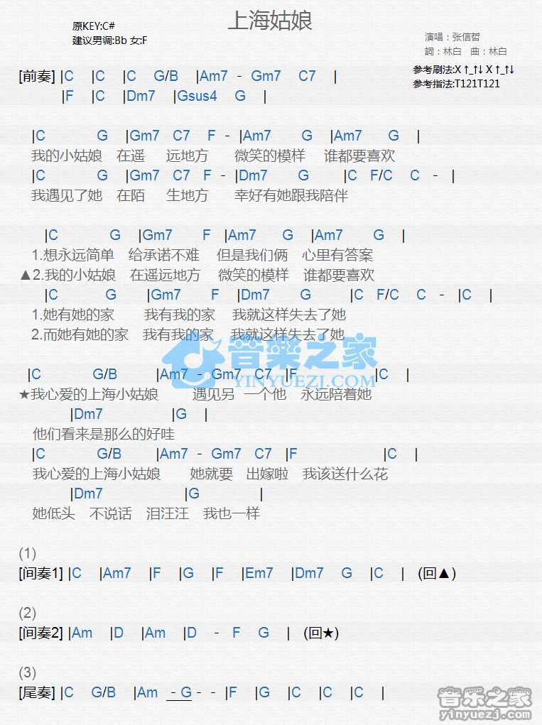 张信哲《上海姑娘》尤克里里弹唱谱