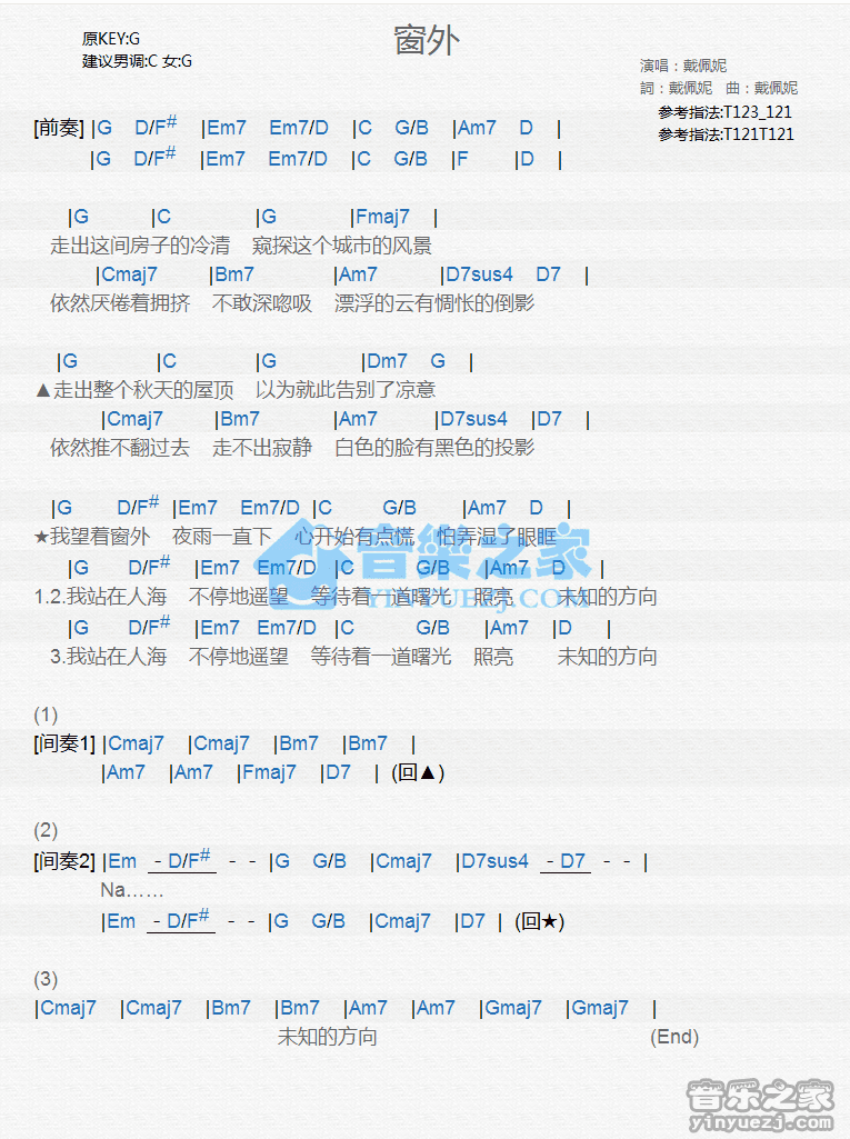 戴佩妮《窗外》尤克里里弹唱谱