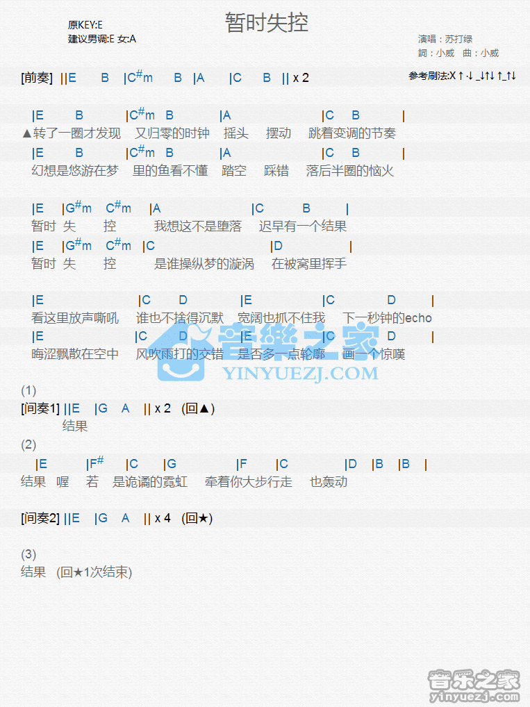 苏打绿《暂时失控》尤克里里弹唱谱