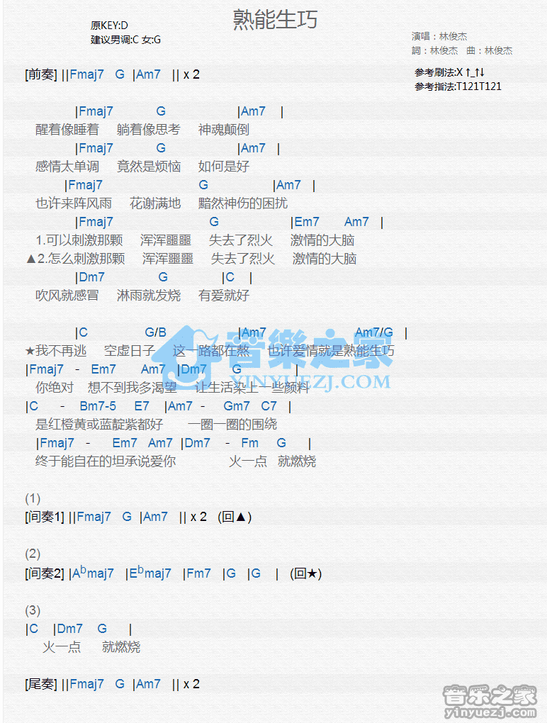 林俊杰《熟能生巧》尤克里里弹唱谱