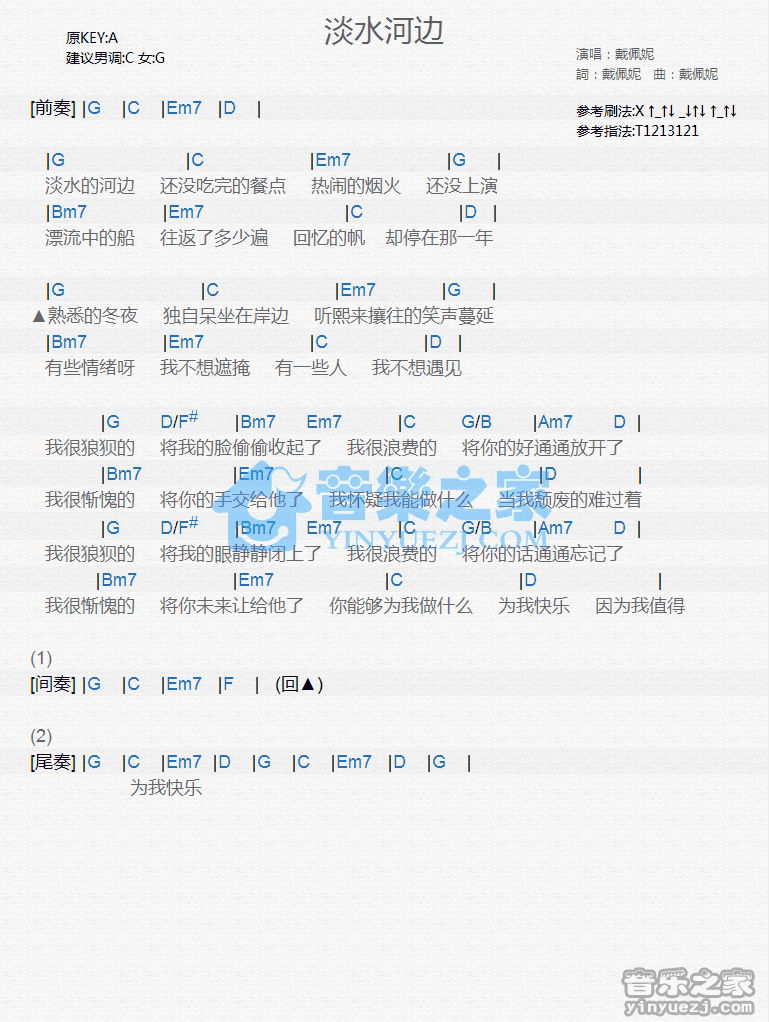 戴佩妮《淡水河边》尤克里里弹唱谱