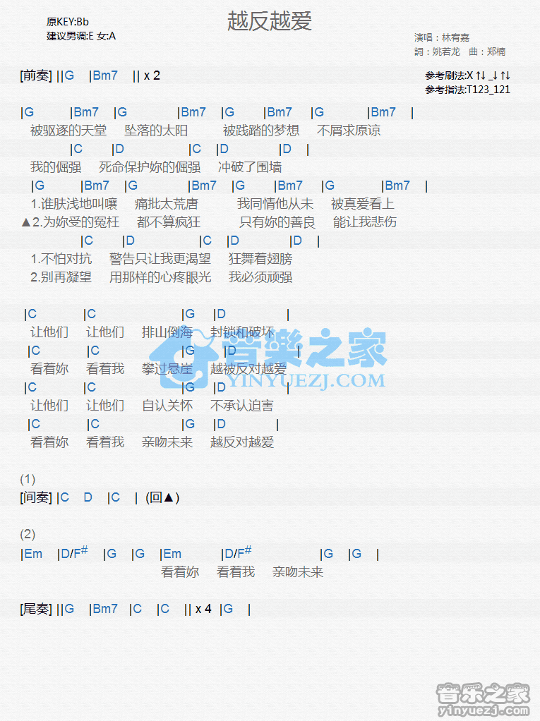 林宥嘉《越反越爱》尤克里里弹唱谱
