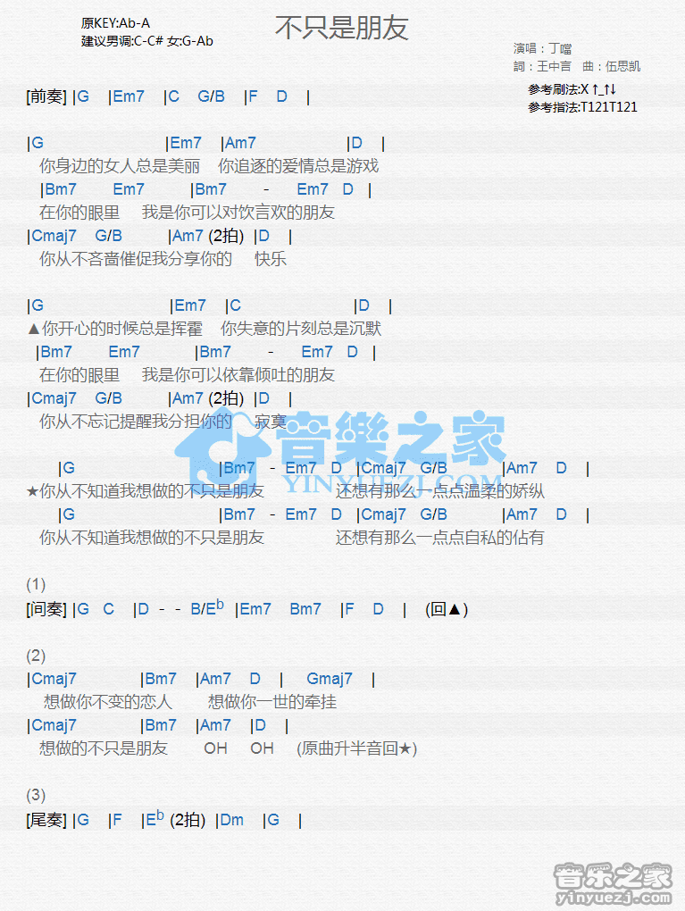 丁当《不只是朋友》尤克里里弹唱谱
