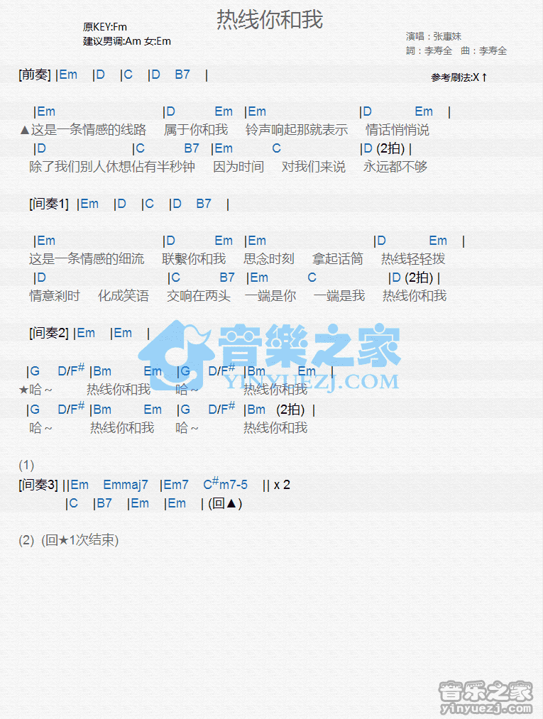 张惠妹《热线你和我》尤克里里弹唱谱