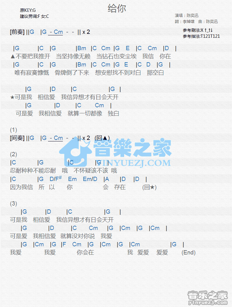 陈奕迅《给你》尤克里里弹唱谱