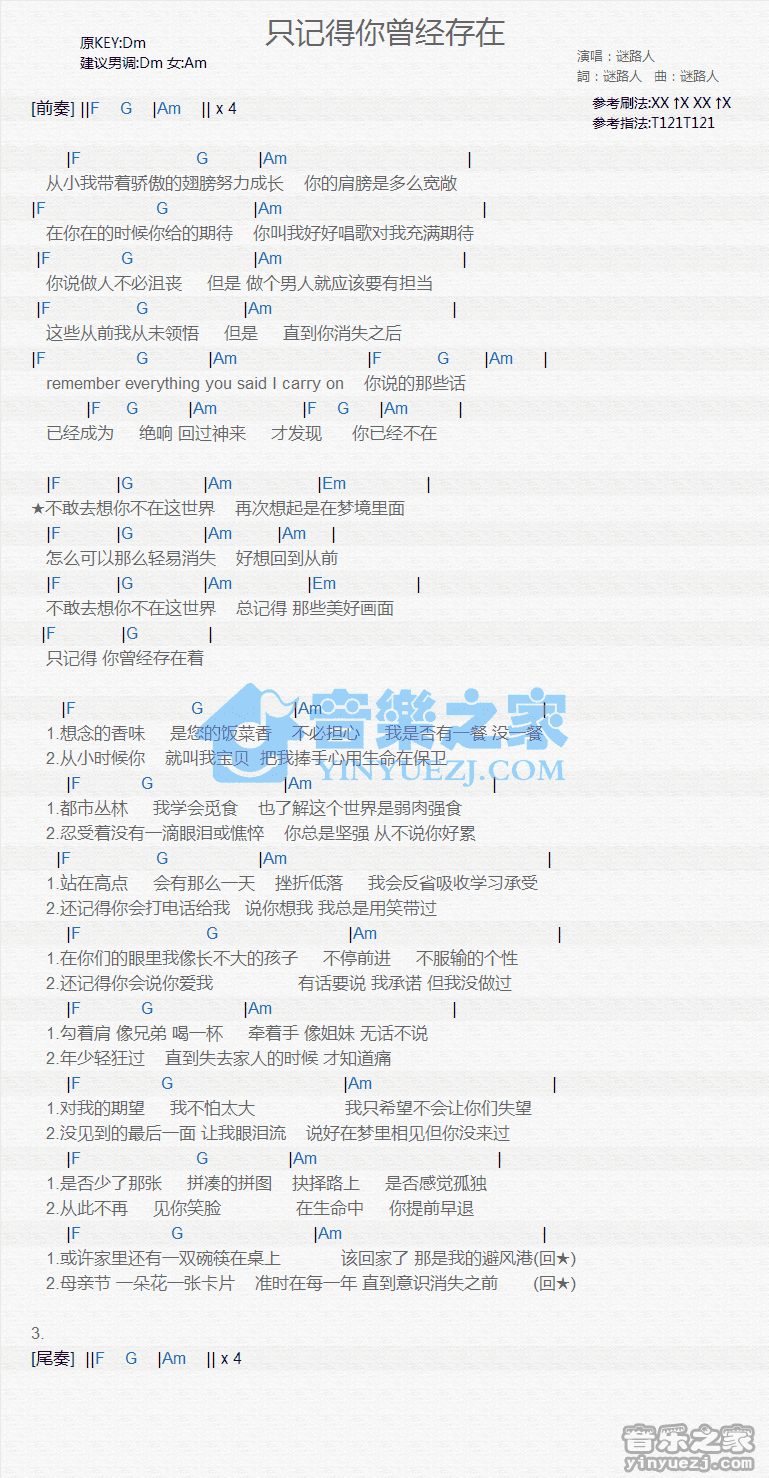 谜路人《只记得你曾经存在》尤克里里弹唱谱