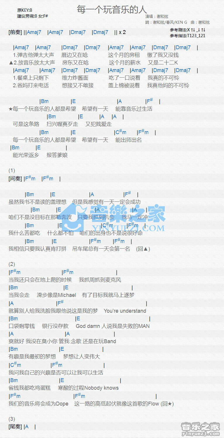 谢和弦《每一个玩音乐的人》尤克里里弹唱谱