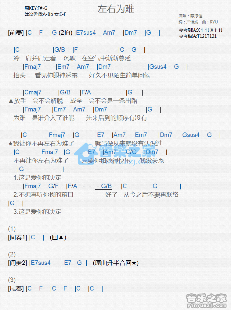 蔡淳佳《左右为难》尤克里里弹唱谱