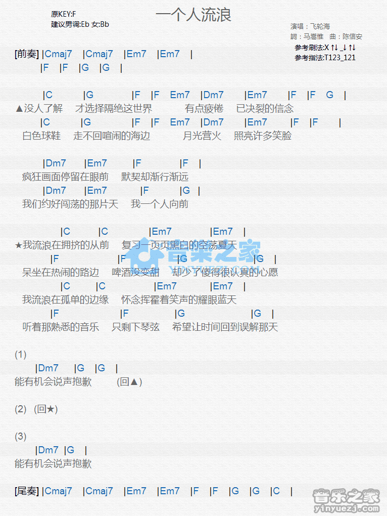 飞轮海《一个人流浪》尤克里里弹唱谱