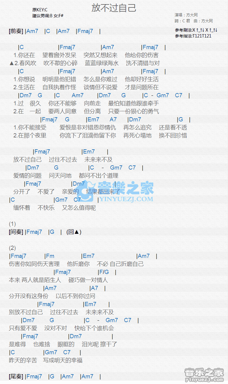 方大同《放不过自己》尤克里里弹唱谱