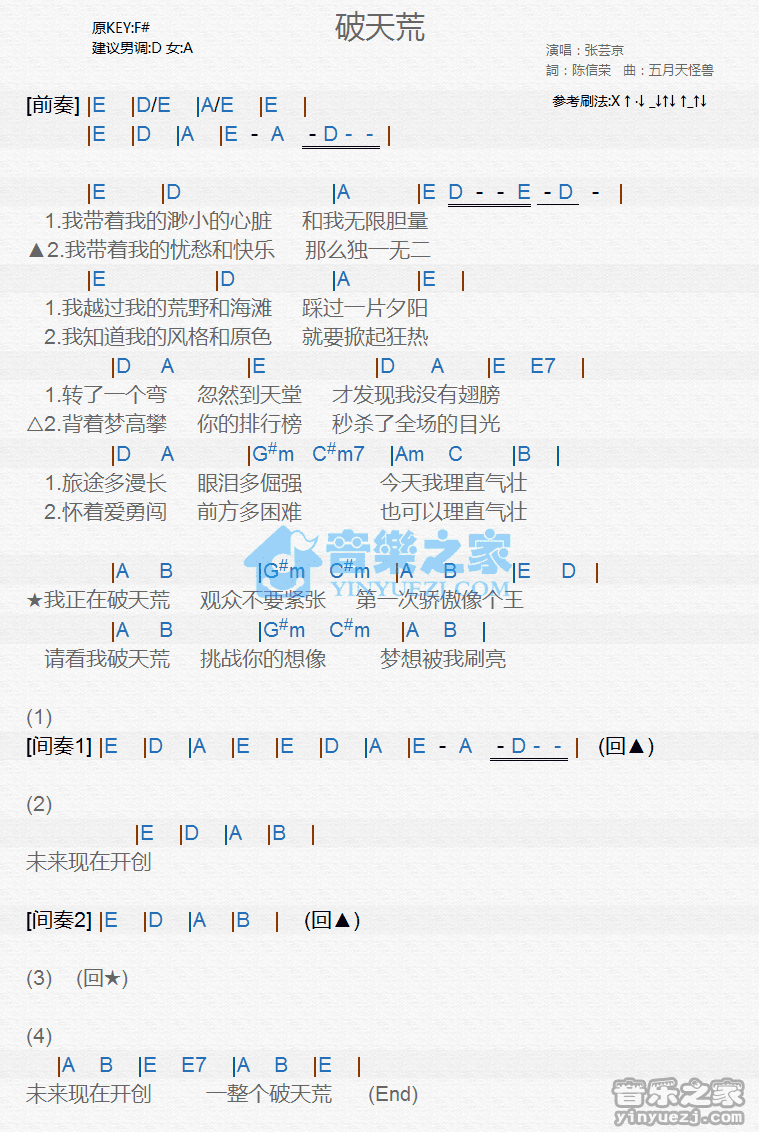 张芸京《破天荒》尤克里里弹唱谱