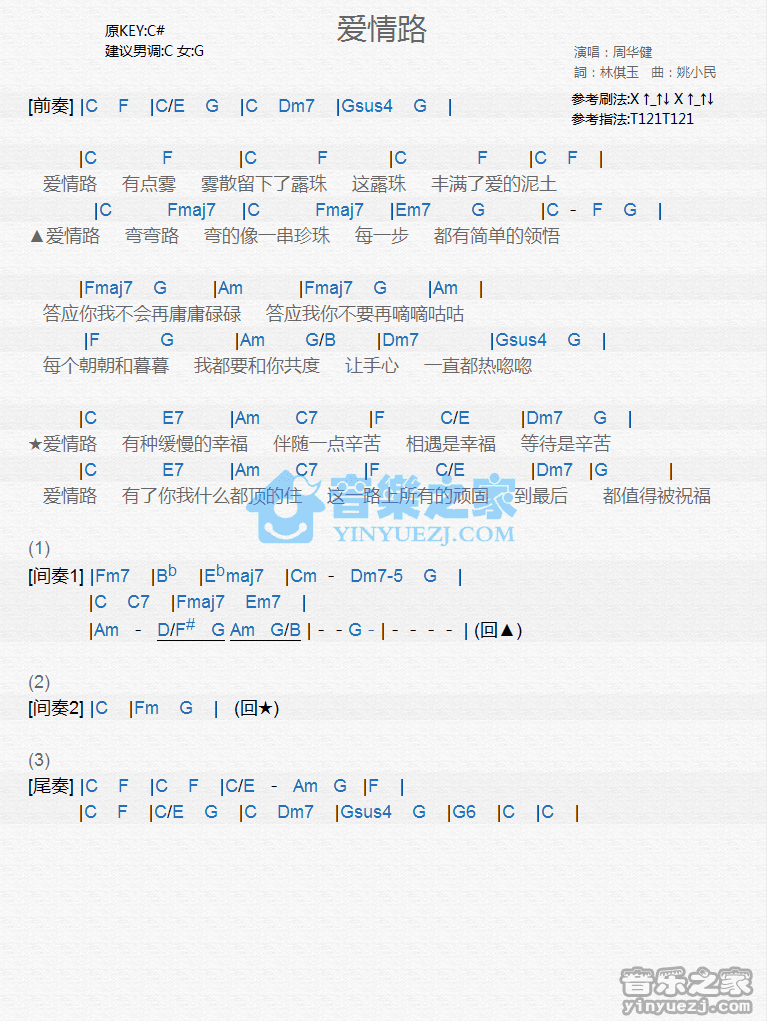 周华健《爱情路》尤克里里弹唱谱