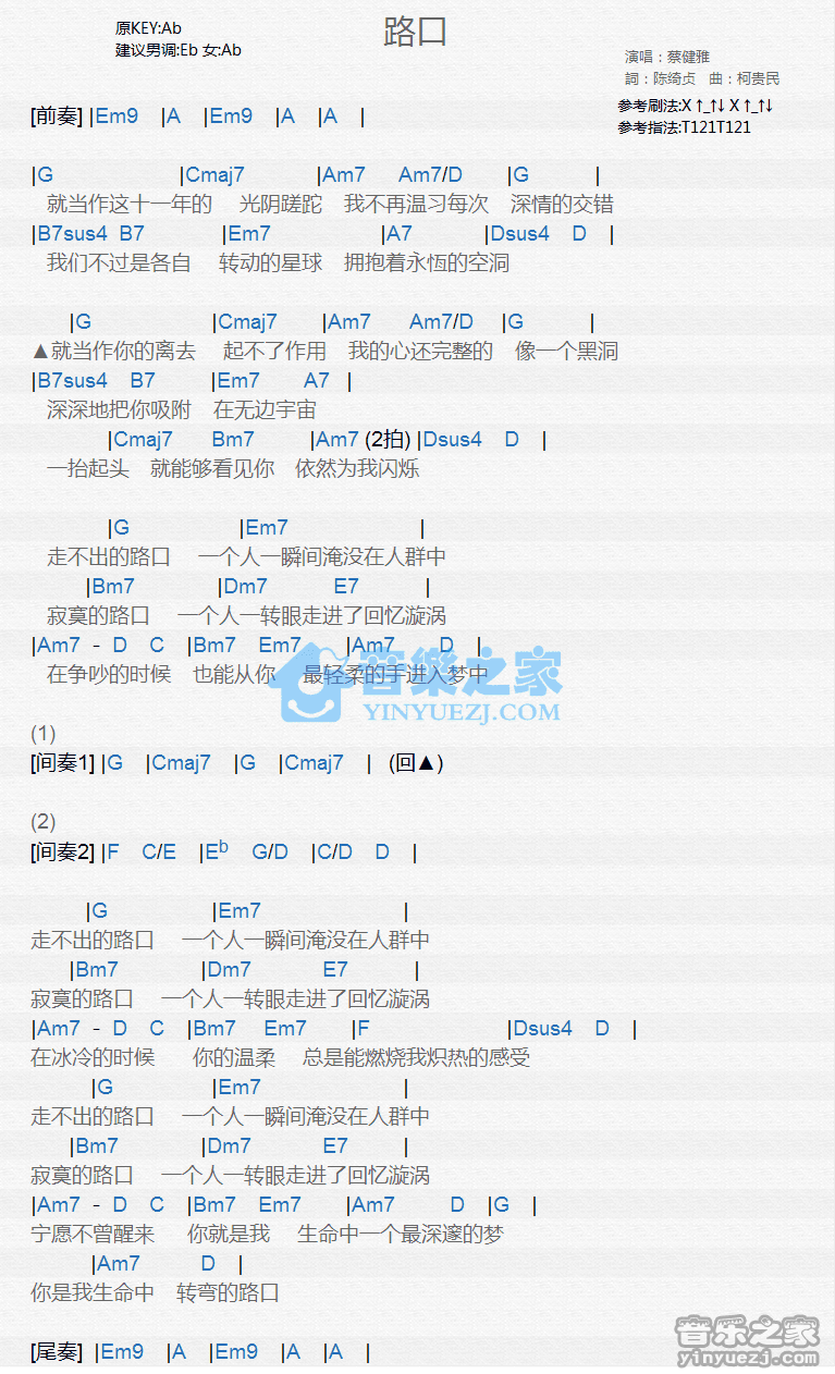 蔡健雅《路口》尤克里里弹唱谱