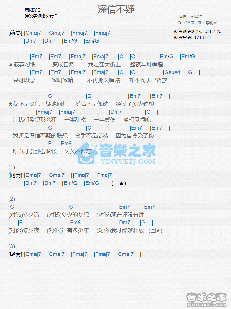 蔡健雅《深信不疑》尤克里里弹唱谱