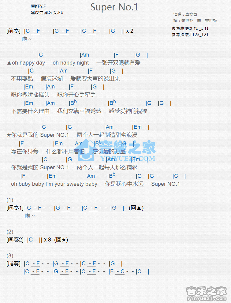 卓文萱《Super No.1》尤克里里弹唱谱