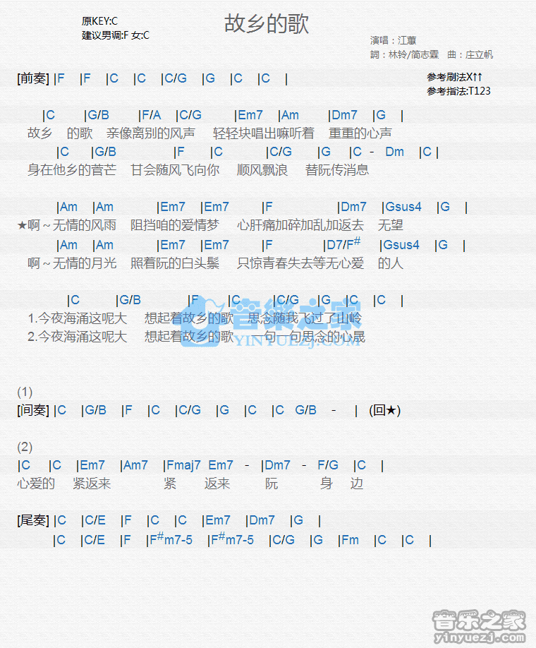 江蕙《故乡的歌》尤克里里弹唱谱