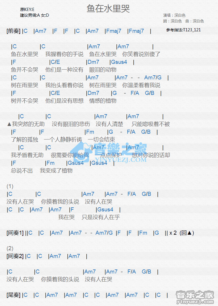 深白色《鱼在水里哭》尤克里里弹唱谱