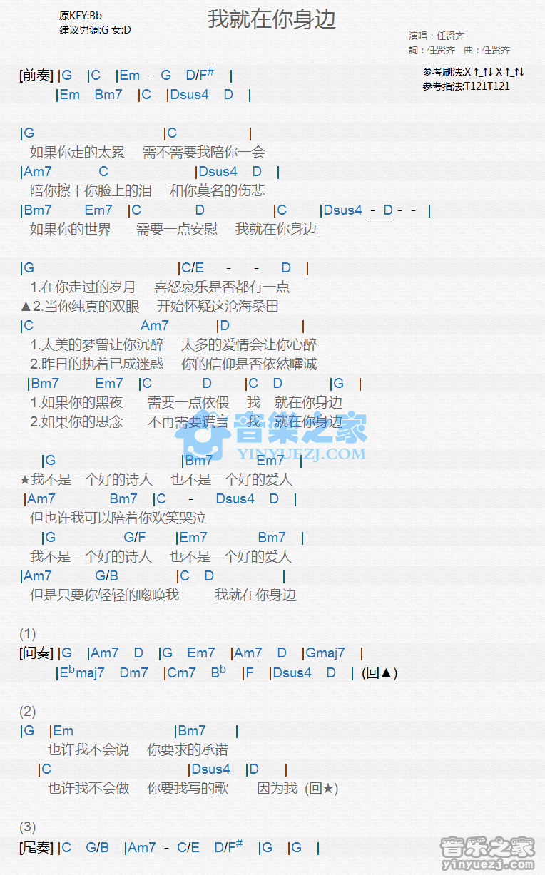 任贤齐《我就在你身边》尤克里里弹唱谱