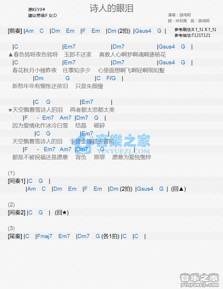 游鸿明《诗人的眼泪》尤克里里弹唱谱