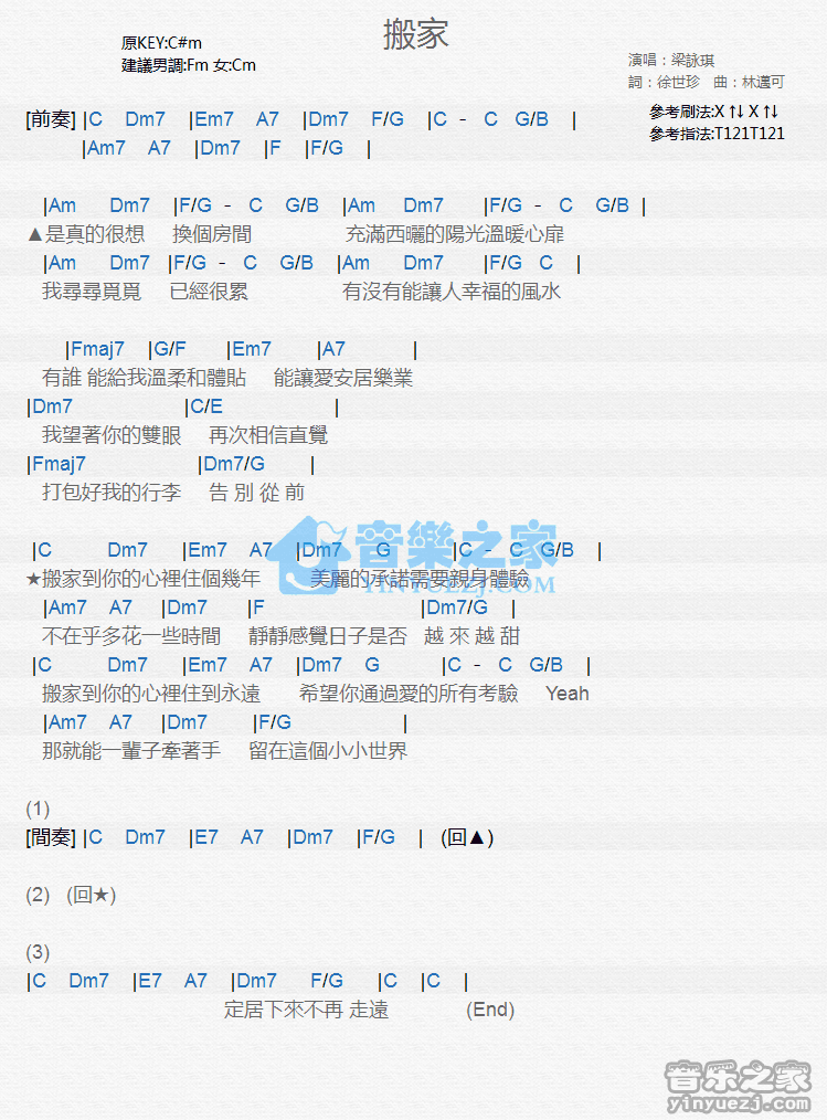 梁咏琪《搬家》尤克里里弹唱谱