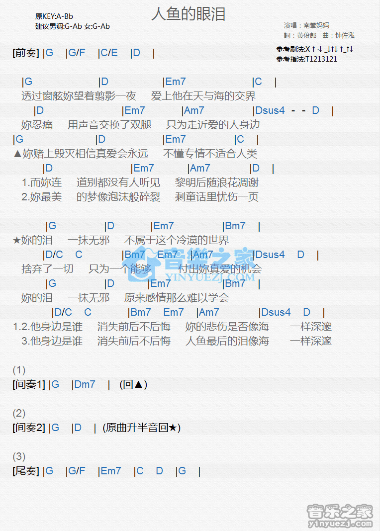 南拳妈妈《人鱼的眼泪》尤克里里弹唱谱