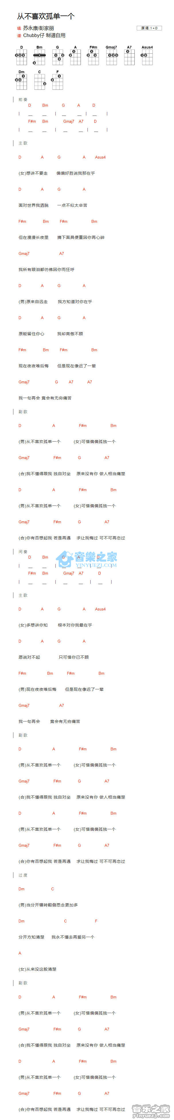 苏永康/彭家丽《从不喜欢孤单一个》尤克里里弹唱谱
